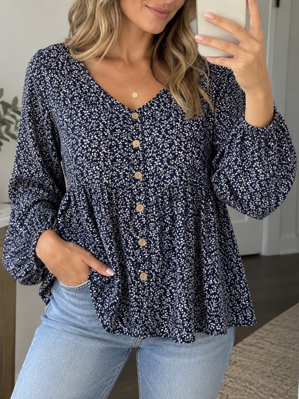 Navy Floral Button-Front V-Neck Blouse